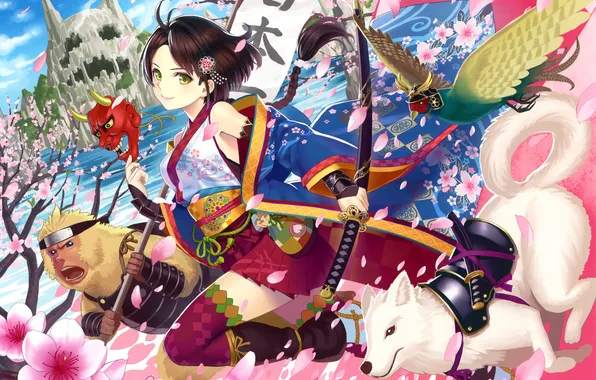 Girl, bird, dog, sword, Sakura, mask, art, monkey