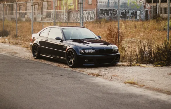 Picture black, the building, bmw, BMW, the fence, black, roadside, e46