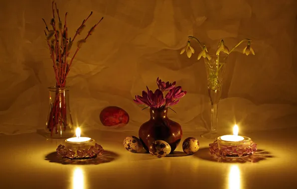 Flowers, fire, holiday, eggs, spring, candles, snowdrops, Easter