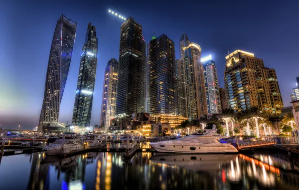 Night, lights, Dubai, skyline, UAE