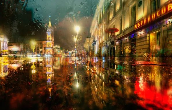 Winter, road, the city, rain, street, building, the evening, lighting