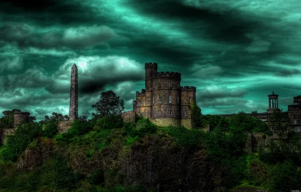 Picture the sky, trees, clouds, castle, slope, hdr, obelisk