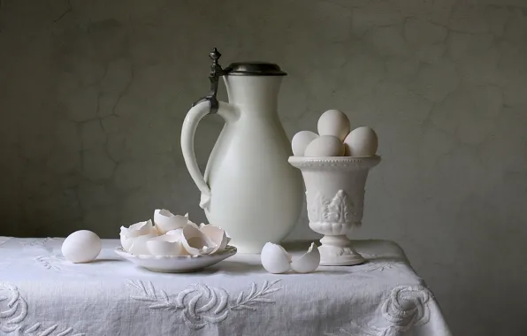White, eggs, still life, shell, tablecloth