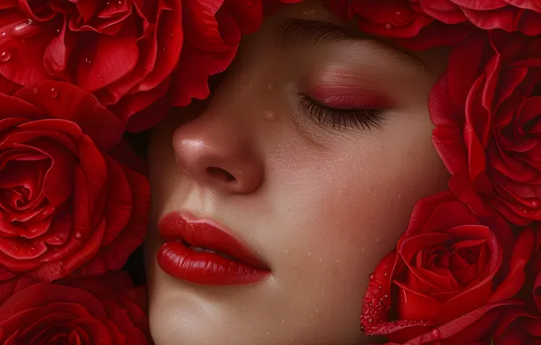 Wallpaper girl, drops, flowers, close-up, face, sleep, roses, makeup ...