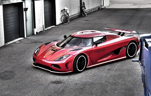 Picture red, bike, the building, red, supercar, bicycle, agera R, Koenigsegg