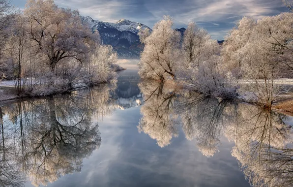 Picture winter, frost, the sky, clouds, trees, mountains, lake