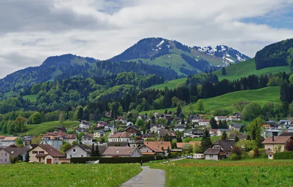 Picture mountains, the city, home, Switzerland, Gruyere