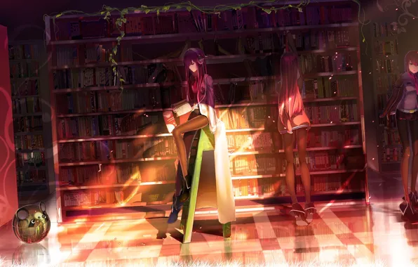 Picture girl, light, books, robot, headphones, library, steins gate, makise kurisu