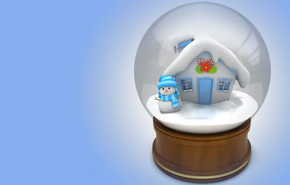 Winter, gift, house, snowman, children's, snow globe, 3D, art. New year
