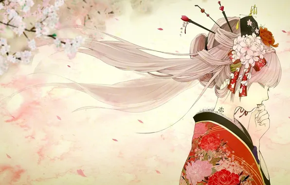 Girl, spring, Sakura, art, kimono, flowering
