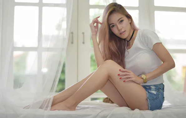 Girl, face, hair, curtains, legs, Asian