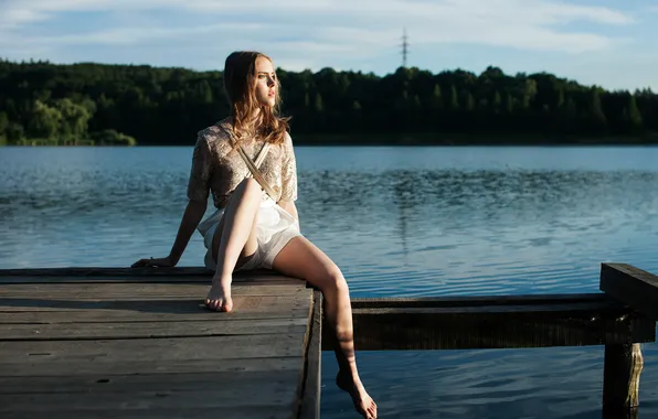 Sunset, lake, feet, blonde, looks