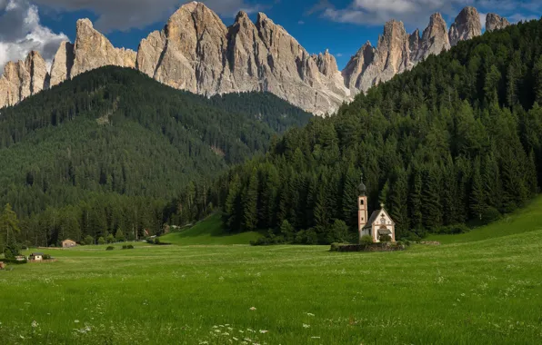 Picture forest, mountains, chapel