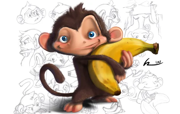 Monkey, drawings, white background, banana, baby Wallpaper