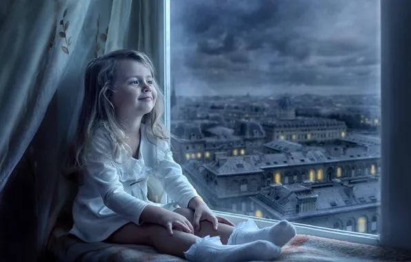 The city, smile, view, window, girl, child