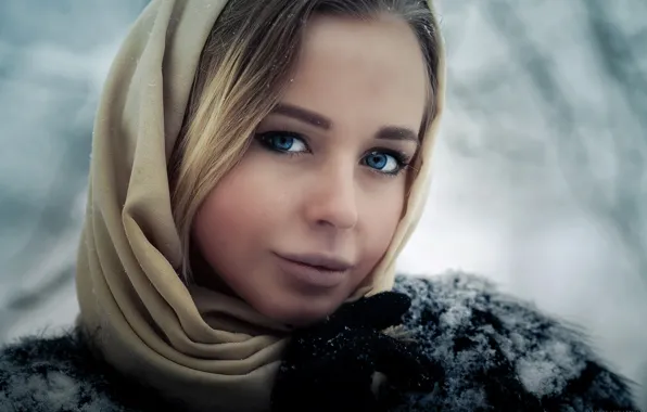 Winter, eyes, look, girl, snow, Anastasia, shawl, Karen Abramyan