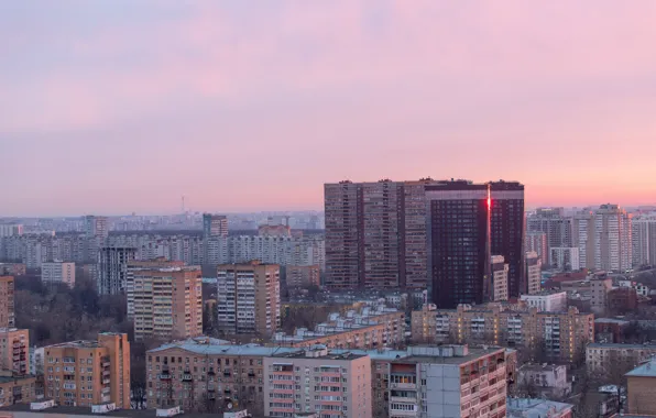 The sky, the city, pink, dawn, building, Moscow, morning