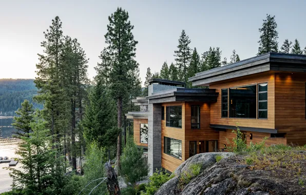 Forest, mountains, Villa, USA, Idaho, Cliff House, lake