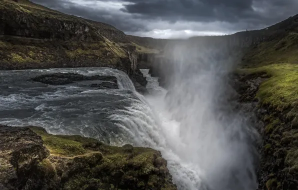 Mountains, clouds, fog, river, overcast, rocks, for, waterfall