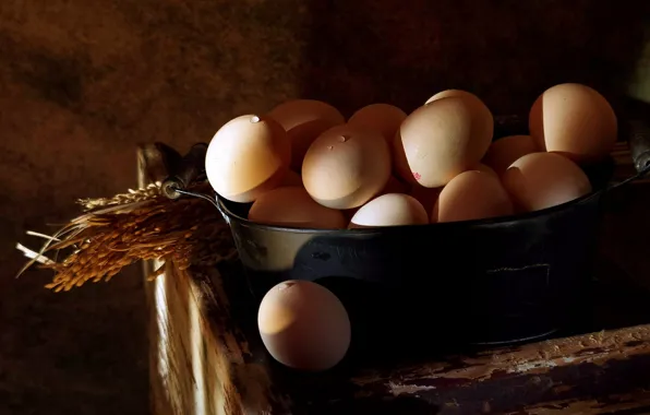 Drops, light, the dark background, eggs, bucket, shadows, ears, box
