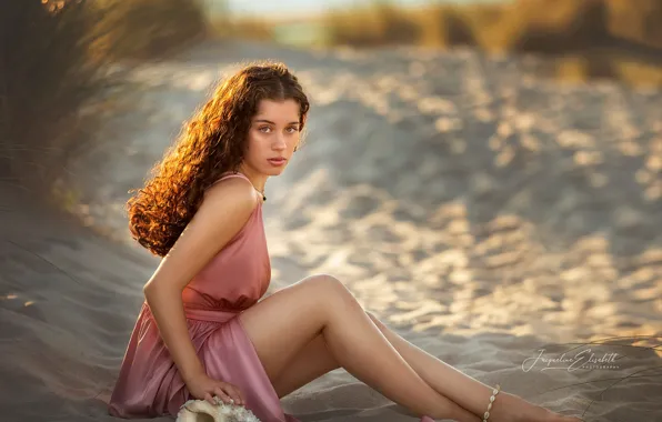 Sand, look, girl, nature, pose, barefoot, sink, dress