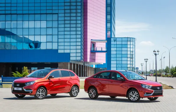 Red, street, the building, Lada, X-ray, Vesta