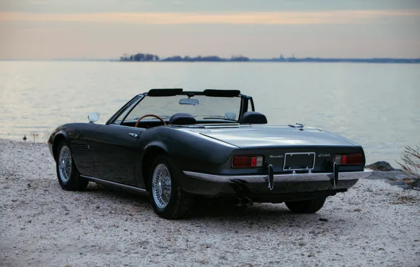 Black, Maserati, 1969, back, Roadster, pond, spider, Ghibli Spider