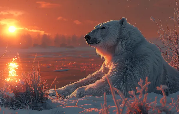 The sun, Water, Winter, Snow, Dawn, Bear, Predator, Polar bear