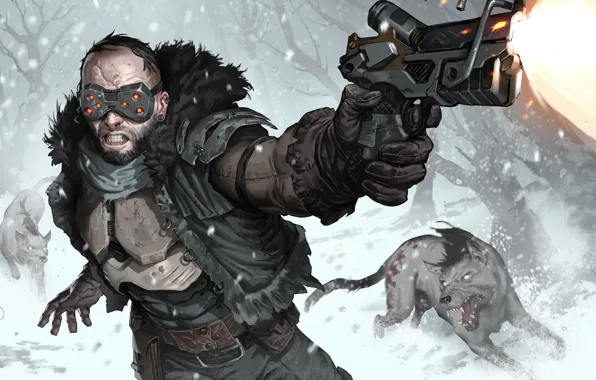 Winter, forest, snow, gun, fiction, dog, art, glasses