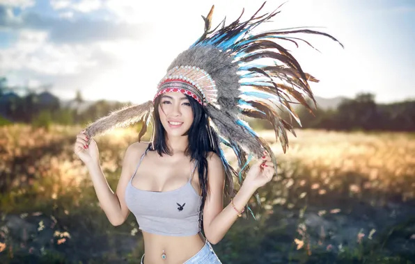 Picture summer, girl, nature, face, feathers, headdress