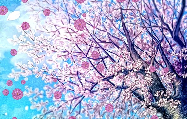The sky, flowers, rendering, background, fantasy, tree, branch, spring