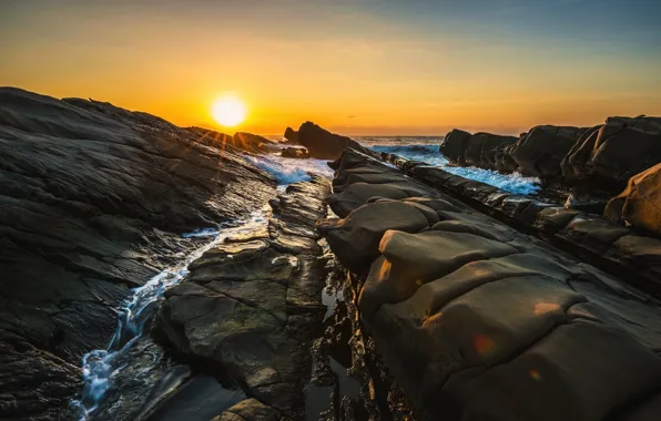 Sea, the sky, the sun, clouds, rays, light, landscape, sunset