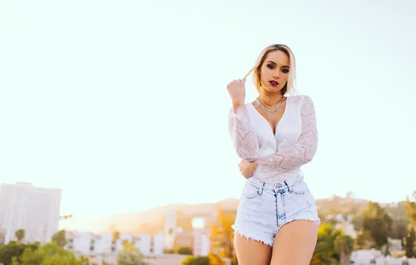 Look, girl, decoration, the city, pose, blonde, blouse, shorts
