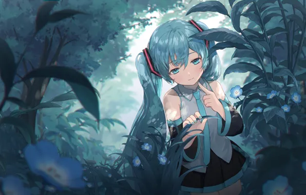 Girl, flowers, nature, Hatsune Miku, Vocaloid