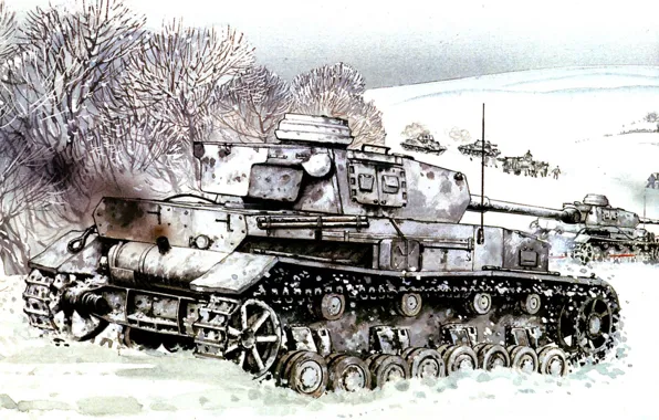 Picture winter, field, snow, figure, tanks, Pz.Kpfw. IV, German, The great Patriotic war