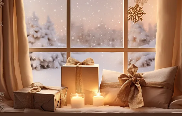 Winter, snow, decoration, New Year, window, Christmas, gifts, new year