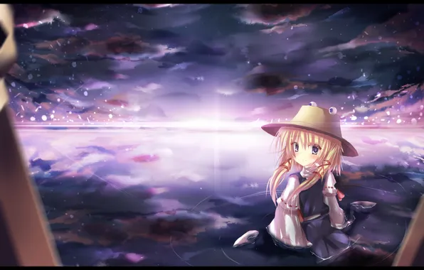 Sea, the sky, eyes, clouds, sunset, hat, art, girl
