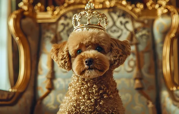 Look, portrait, dog, crown, puppy, red, gold plated, face