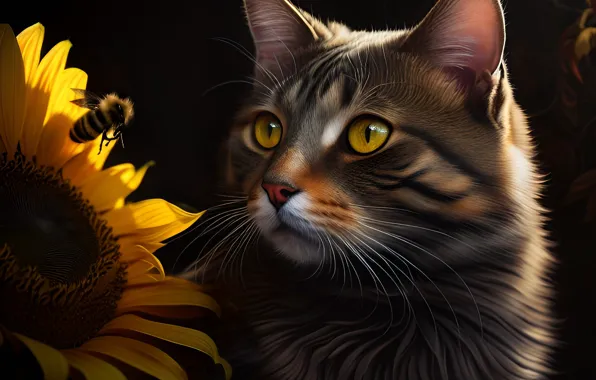 Cat, flower, cat, look, light, pose, the dark background, bee