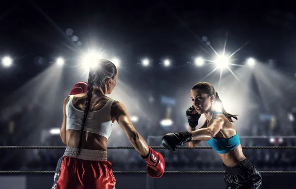 Picture light, girls, two, Boxing, gloves, braids, briefs, the ring