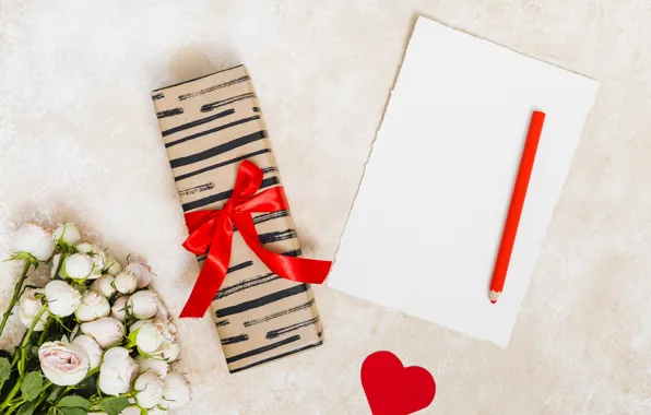 Gift, leaf, roses, bouquet, pencil, heart