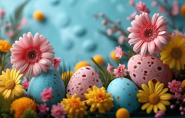 Picture flowers, eggs, spring, colorful, Easter, happy, pink, flowers