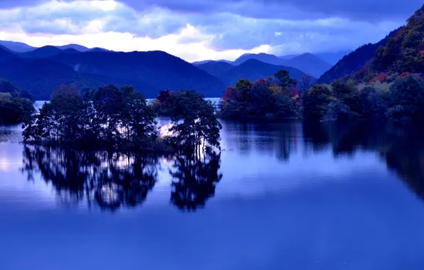 Autumn, trees, mountains, lake, reflection, Japan, Japan, Fukushima