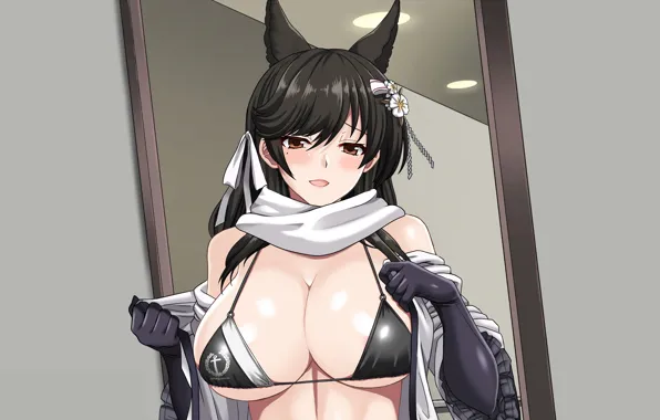 Girl, sexy, cleavage, long hair, brown eyes, boobs, animal ears, anime