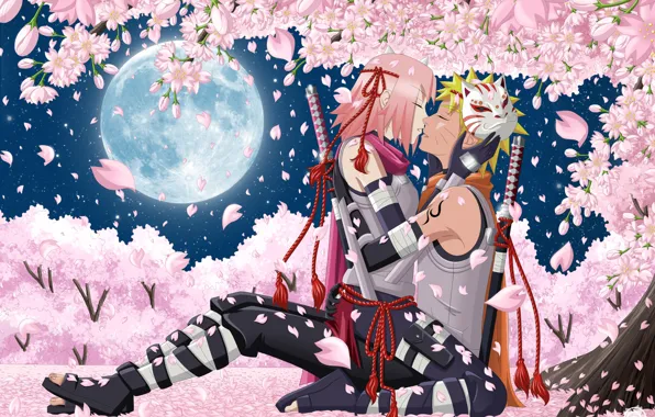 Picture the sky, girl, stars, trees, flowers, night, weapons, the moon, kiss, katana, anime, petals, Sakura, …