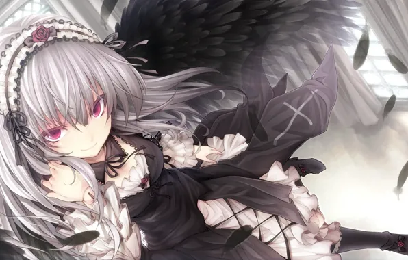 Picture look, girl, flight, smile, wings, feathers, rozen maiden, suigintou