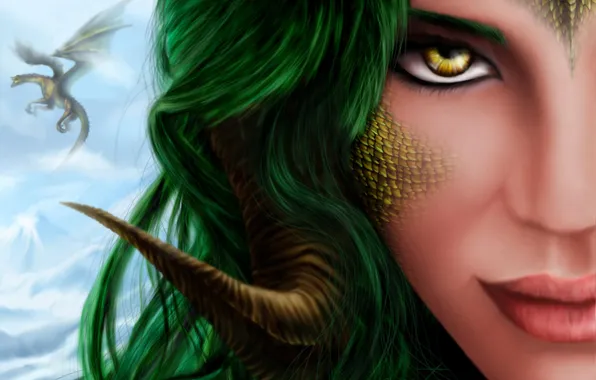 Picture girl, face, dragon, scales, art, horns, green hair