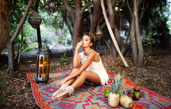 Girl, pose, candle, candle, pineapples