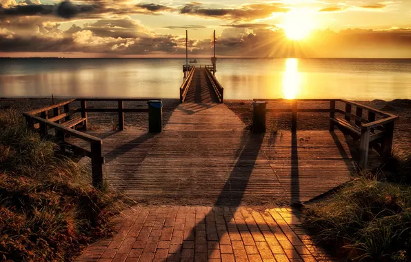 Sea, landscape, sunset, bridge