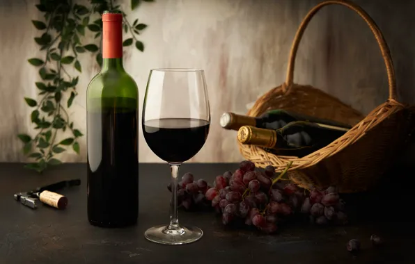 Wine, glass, bottle, grapes, basket